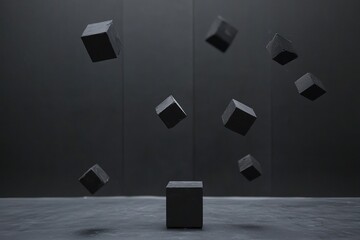 Levitating black cubes against dark background.