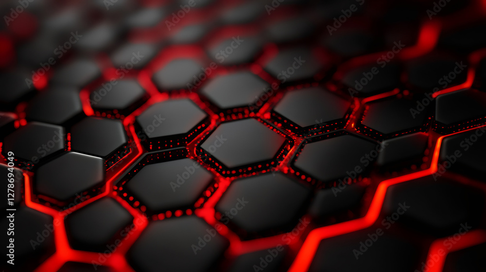 Poster Red lights highlighting futuristic hexagonal grid creating modern technological background