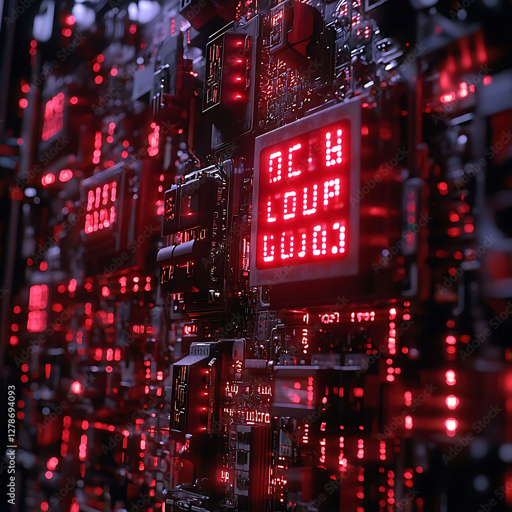 Poster intricate cyberpunkstyle circuit board with glowing red digital displays showing countdown.