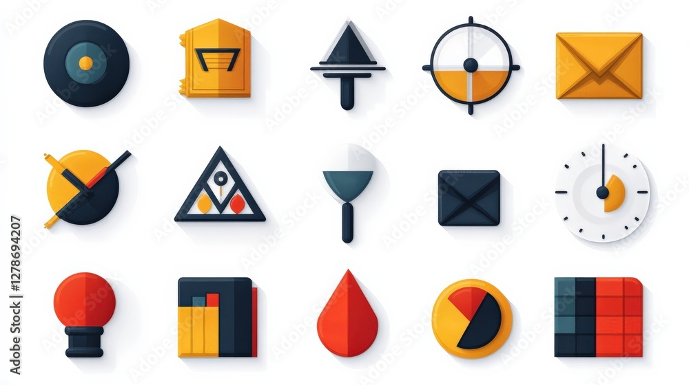 Poster a collection of colorful flat design icons representing various tools and symbols for graphic design