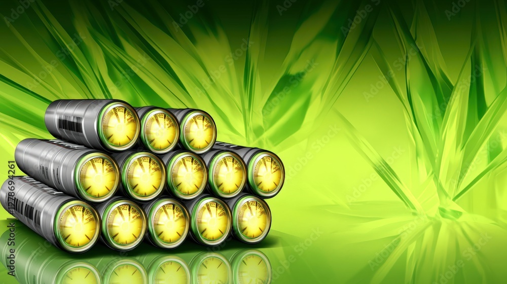 Poster energy efficient batteries with glowing display on a clean green background for sustainable solution