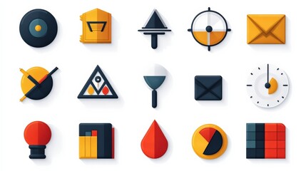 A collection of colorful flat design icons representing various tools and symbols for graphic design