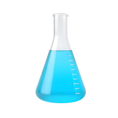 Erlenmeyer flask filled with vibrant blue liquid on black background