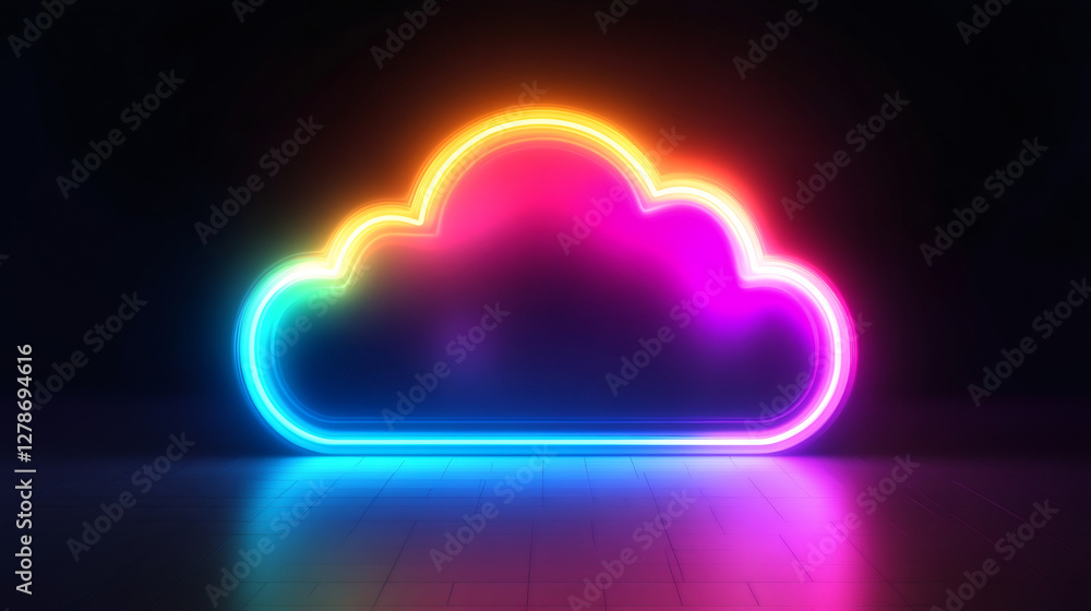 Poster Vibrant neon cloud computing icon illuminating dark space, symbolizing digital storage and technological innovation