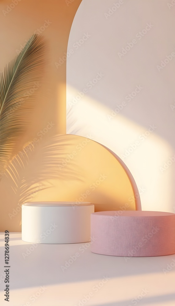 Poster two minimalist podiums are featured in a soft light setting