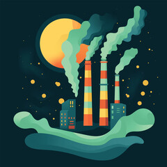 Nighttime Urban Landscape with Industrial Pollution: Impact on Nature and Environment, Concept pollution, vector illustration
