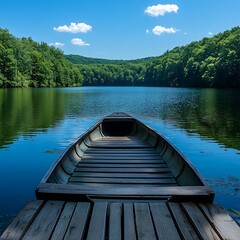 Obraz premium Calm lake boat on wooden dock, forest view
