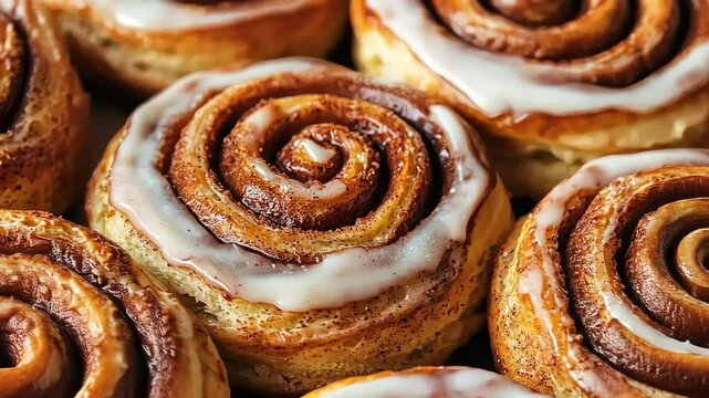 A close-up of freshly baked cinnamon rolls with swirls of rich cinnamon filling and a glossy layer of sweet icing, creating a warm and delicious pastry texture.