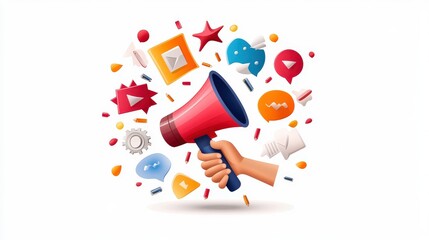 Digital communication and social media concept with colorful icons and megaphone