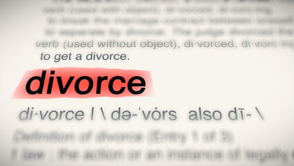 A close-up illustration of the word "divorce" in a dictionary, showing its definition and meaning