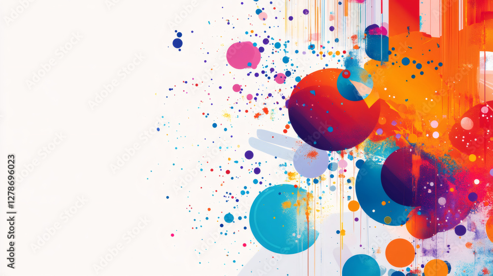 Poster Vibrant paint splatters merging with colorful circles, creating dynamic abstract design for contemporary visual compositions
