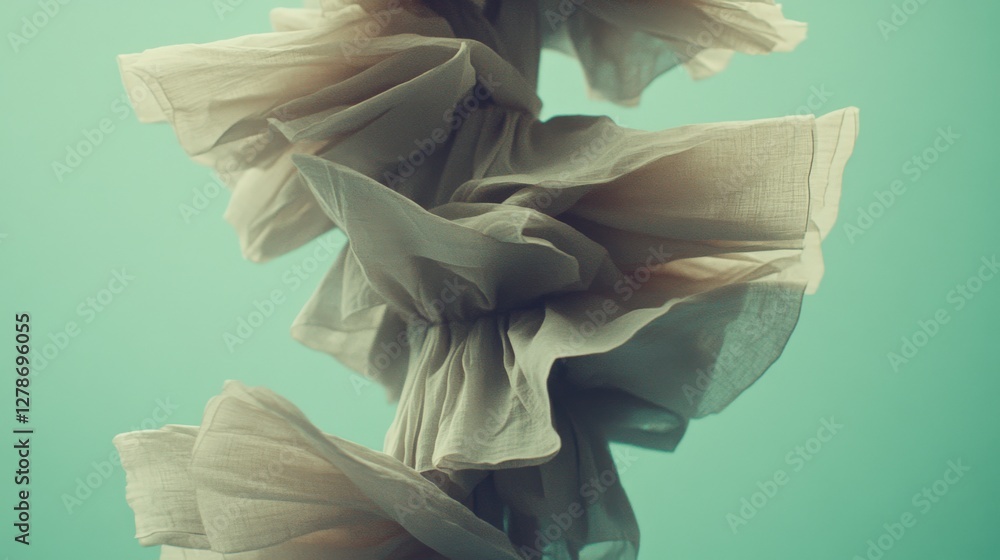 Poster soft pastel blue background with subtle texture and flowing fabric ribbons creating an artistic and 