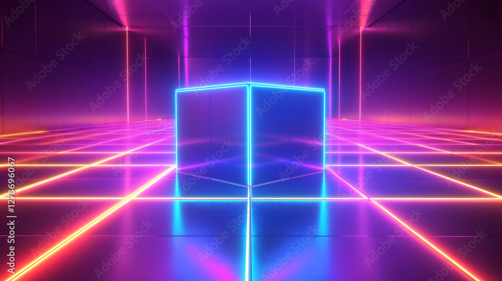Fototapete Glowing cube illuminating an empty room with neon lights, creating a futuristic and vibrant atmosphere