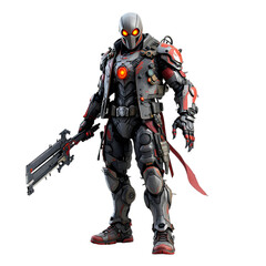Futuristic soldier in advanced armor with high-tech weapon on black background
