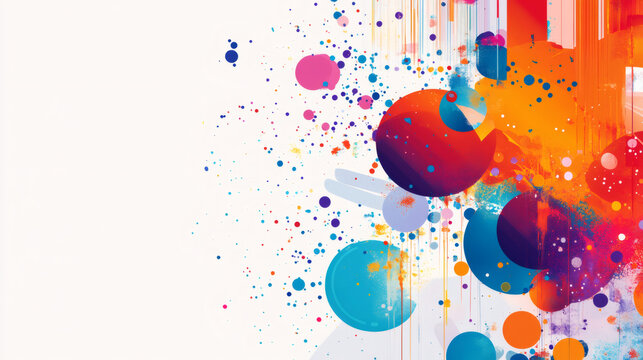 Vibrant paint splatters merging with colorful circles, creating dynamic abstract design for contemporary visual compositions