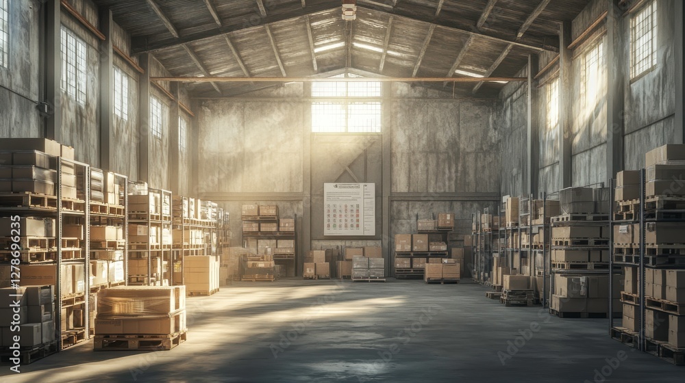 Poster a spacious, sunlit warehouse filled with neatly stacked boxes and shelves, creating a serene and org