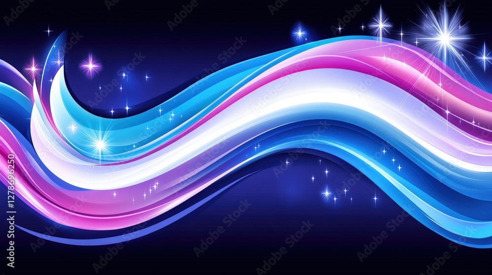 Poster glowing intertwined lines on dark background in clean portrayal with sparkling accents and smooth cu
