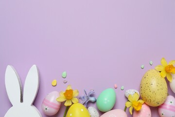 Happy Easter. Colorful eggs, yellow flowers and Easter bunny ears on a pastel color background, space for text