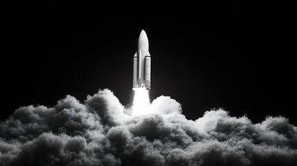 Rocket Launching into Space, A rocket launching into space, surrounded by clouds and a starry sky