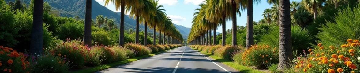 Obraz premium Palm trees provide shade on a winding asphalt road lined with blooming flowers, landscape, naturalhaven