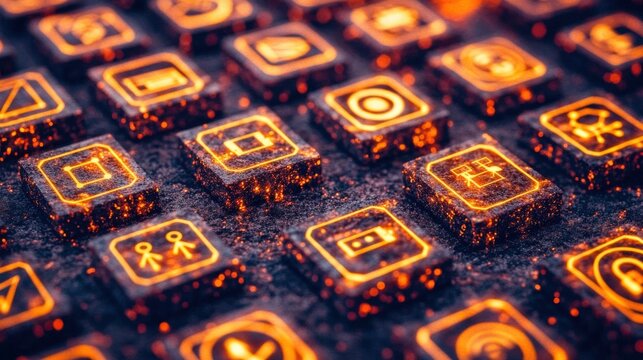 Glowing Icons Representing Clean Renewable Energy Technologies in a Digital Environment