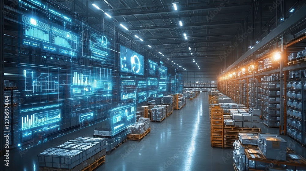 Poster a high-tech warehouse filled with pallets and illuminated by digital screens displaying data analyti