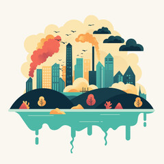 Urban Landscape with Industrial Pollution: Impact on Nature and Environment, Concept pollution, vector illustration