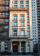 Classic soviet architecture close up view of old house exterior built in minimalit style in moscow russia skyscraper city building skyscraper downtown business architecture cityscape