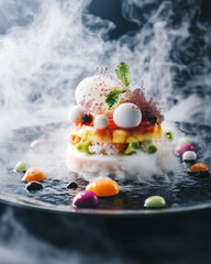 Photograph of a gourmet molecular gastronomy dish, beautifully plated with artistic precision.