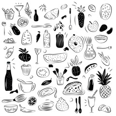 Collection of Black and White Food and Drink Illustrations: doodle food icons set