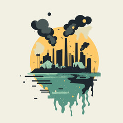 Industrial Pollution with Reflection in Water: An Environmental Issue, Concept pollution, vector illustration
