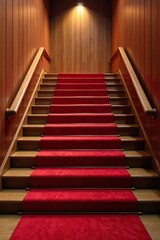 Red carpet cascading down a landing with an empty wooden staircase above, cascading, carpet, landing