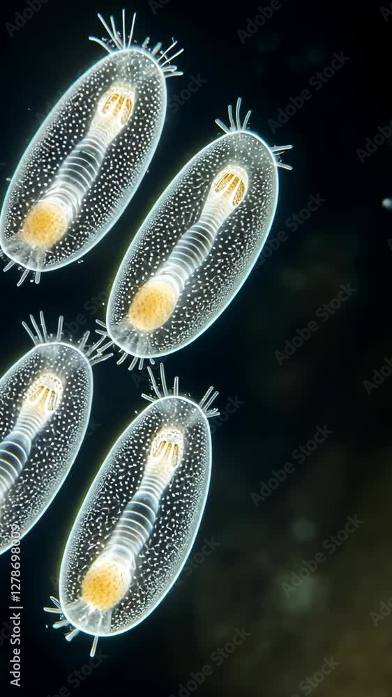 Poster microscopic view of aquatic organisms showcasing their intricate structures in a dark background