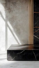 Modern black marble platform stands before textured wall with light
