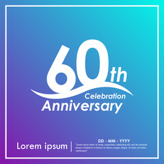 60th years anniversary celebration emblem. anniversary logo isolated with curve stroked - wave line on purple and blue gradient background. vector illustration template design