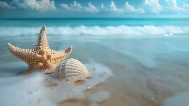 Slow motion  of waves and shells at a tranquil beach. Beautiful ocean landscape.  Sea background with copy space.