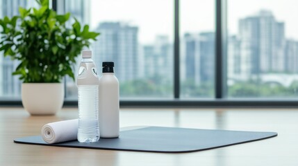 Clean yoga mat with essentials for workout preparation