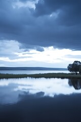 Obraz premium Calm lake, tranquil evening, reflection, clouds