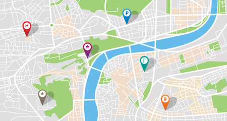 City vector map with navigation icons
