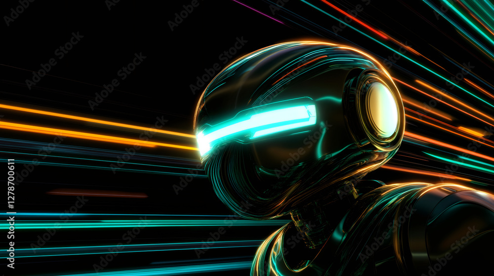 Poster Futuristic robot navigating through cyberspace with glowing lines, showcasing advanced technology and artificial intelligence