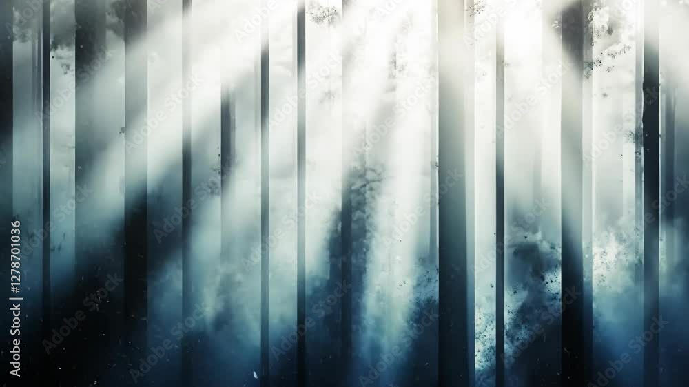 Poster sunlight filters through tall trees in a misty forest, creating a serene and enchanting natural atmo