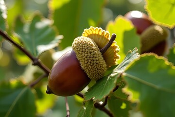 Close-up of an acorn on a branch with green leaves