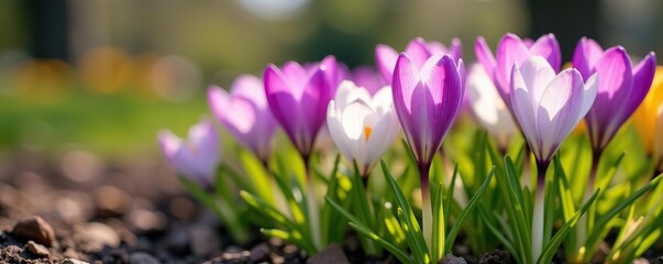 Fototapeta premium Pastel-colored spring crocus flowers in a garden bed with lush foliage, spring, bed
