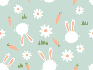 Easter seamless pattern with rabbit cartoons, daisy flower, carrots and green grass on green background vector.