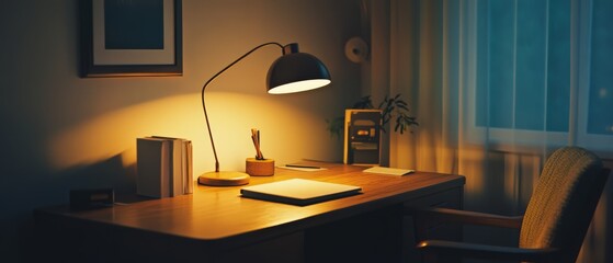 Cozy desk scene with warm lamp light, books, and a framed picture creates a serene, focused ambience.