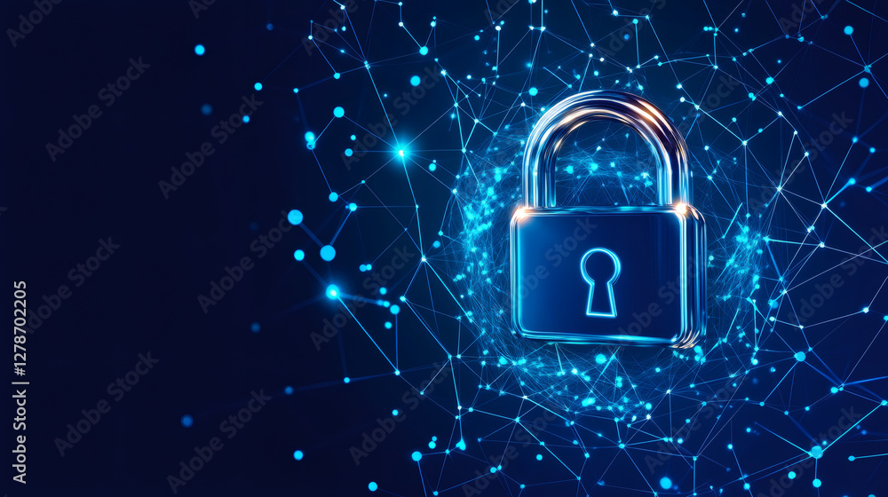 Poster Digital security concept with closed padlock protecting global network and sensitive data from cyber threats and privacy breaches