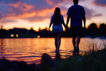 Fototapeta premium Couple holding hands, sunset stroll, lakeside, city lights