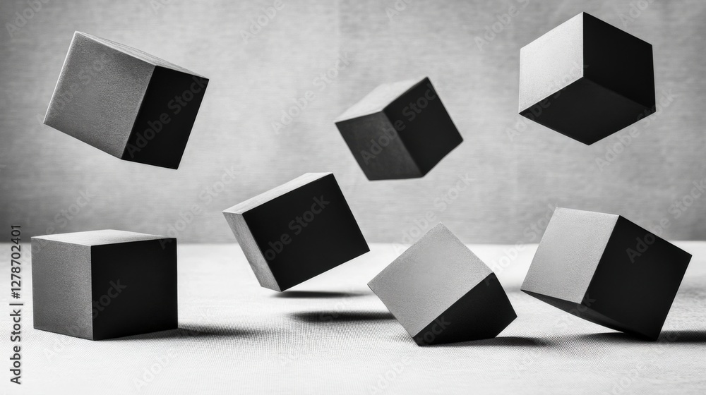 Poster futuristic gray background featuring floating geometric shapes in a minimalist conceptual design
