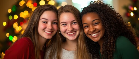 Obraz premium Teen girls smiling together during holiday season with Christmas lights in background celebrating friendship and joy in festive atmosphere.