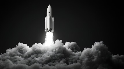 Rocket Launching into Space, A rocket launching into space, surrounded by clouds and a starry sky